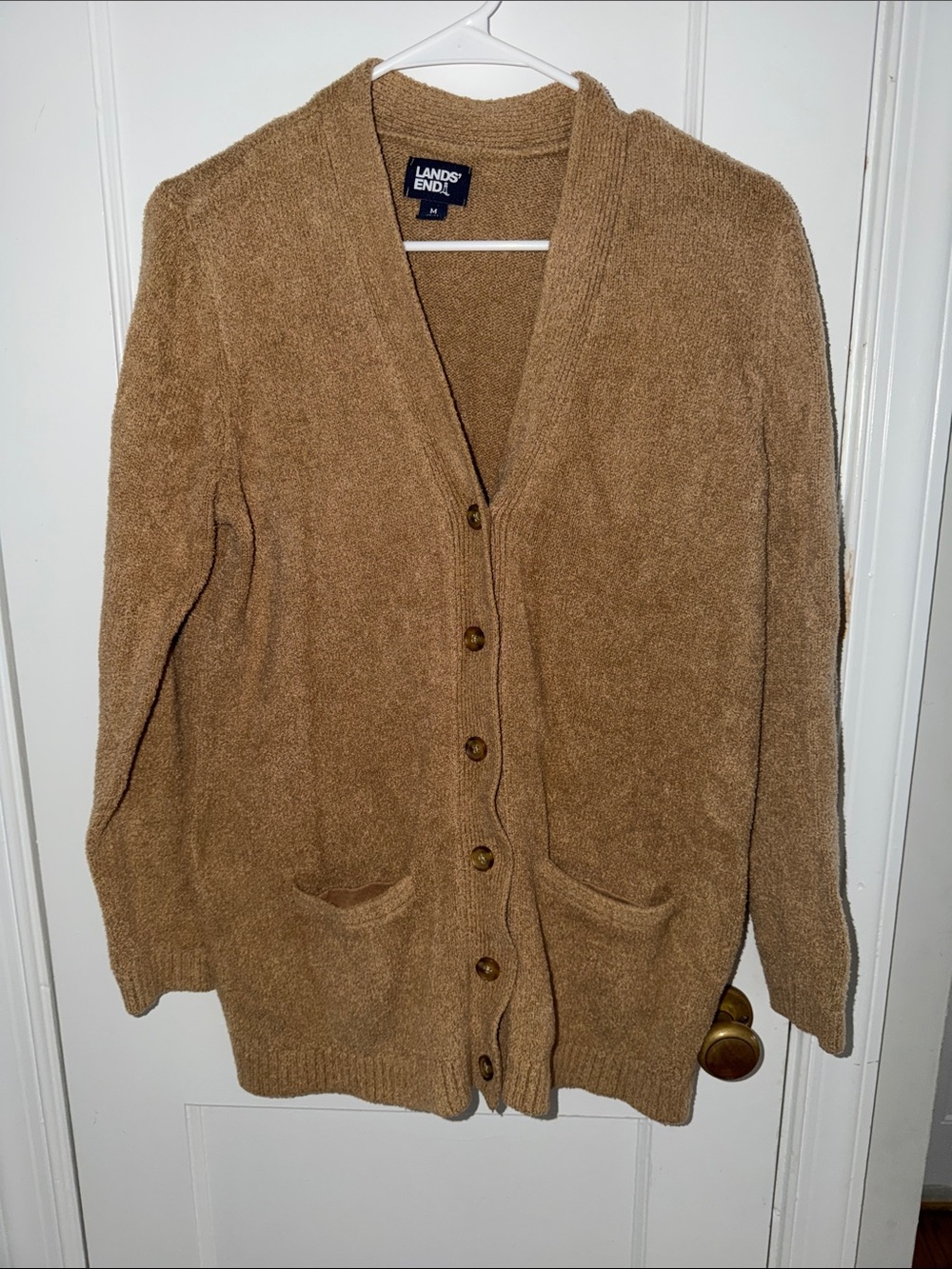 Lands' End Kids Cozy Button-Front Camel Cardigan- Size M (10-12)